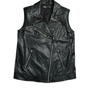 Zara Women's Oversized Size S Small Black Biker Motorcycle Vest Faux Leather